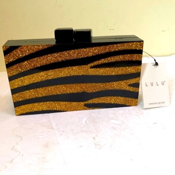 Lulu NYC NEW Zebra Acrylic Box Clutch Glitter Crossbody Shoulder Bag Gold Black - Picture 4 of 16